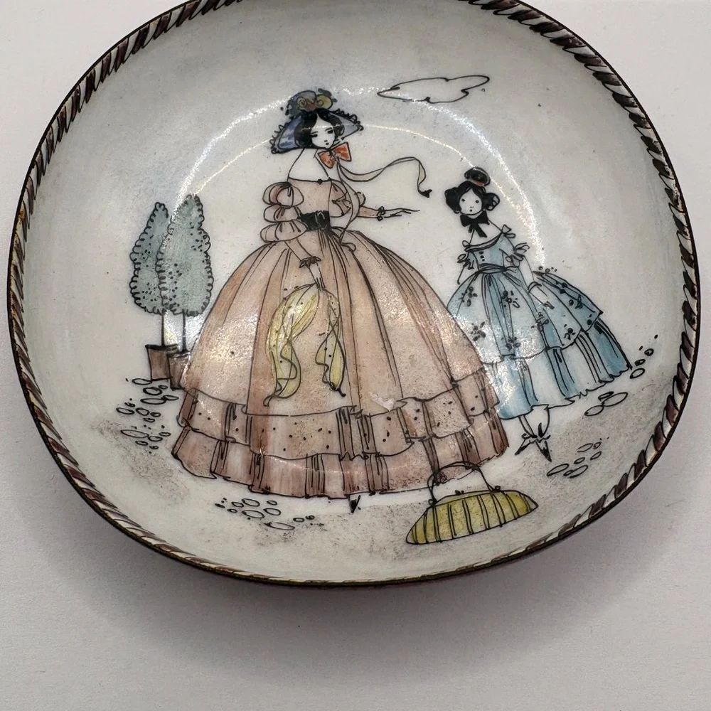 Two Victorian Girls Oval Metal Trinket Dish